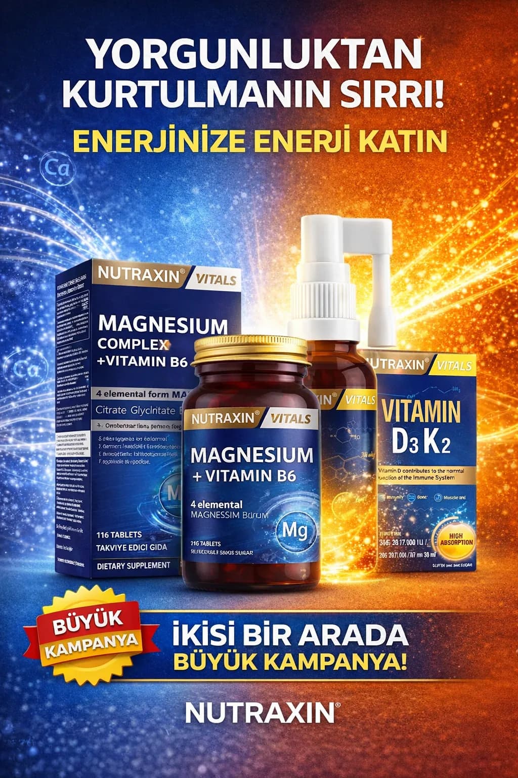 Nutraxin Magnesium Complex 60 Tablet & Nutraxin Vitamin D3K2 Takviye Edici Gıda Sprey