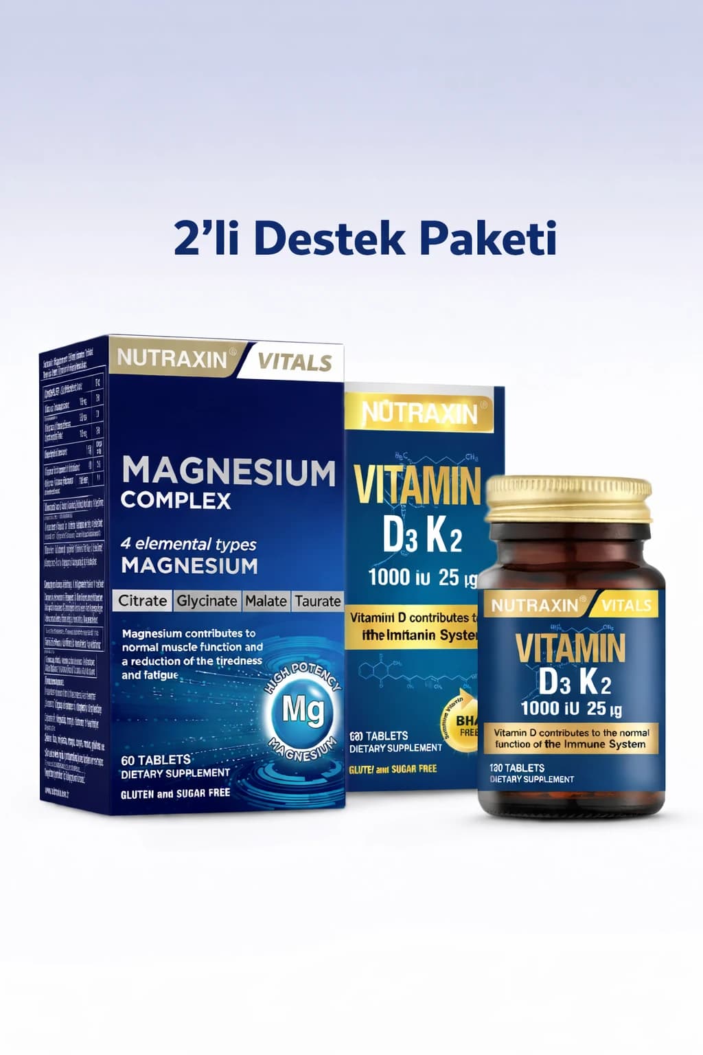 Nutraxin Magnesium Complex 60 Tablet & Nutraxin Vitamin D3 K2 Vitamini İçeren Takviye Edici Gıda 120 Tablet (2'li Set)